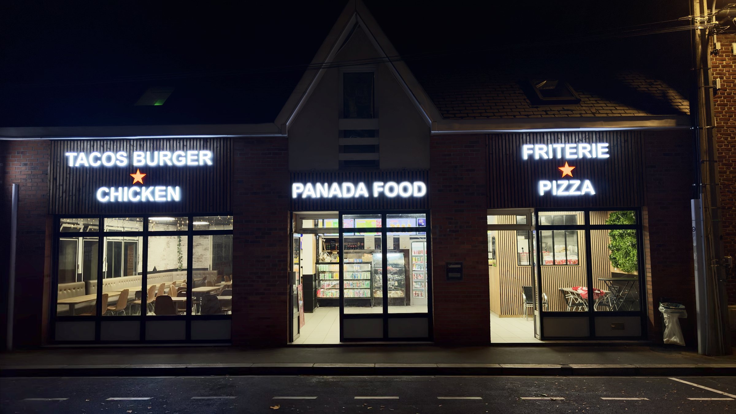 La devanture du Panada Food, enseigne allumée le soir